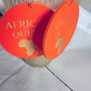 💕African Queen vibrant hand made carved wood orange round earrings 2.5 inches